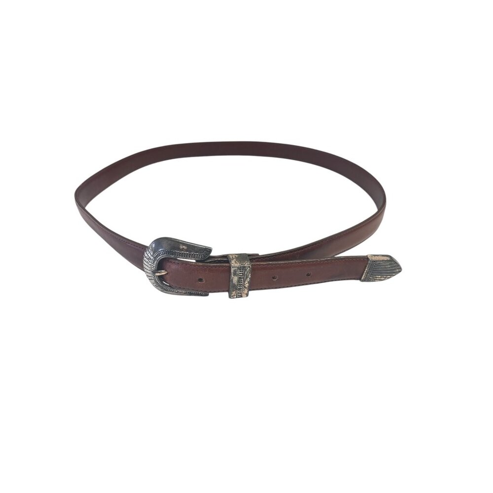 Brown Leather Belt With Silver Western Buckle Size 40 Onyx Brand Casual Or Forma